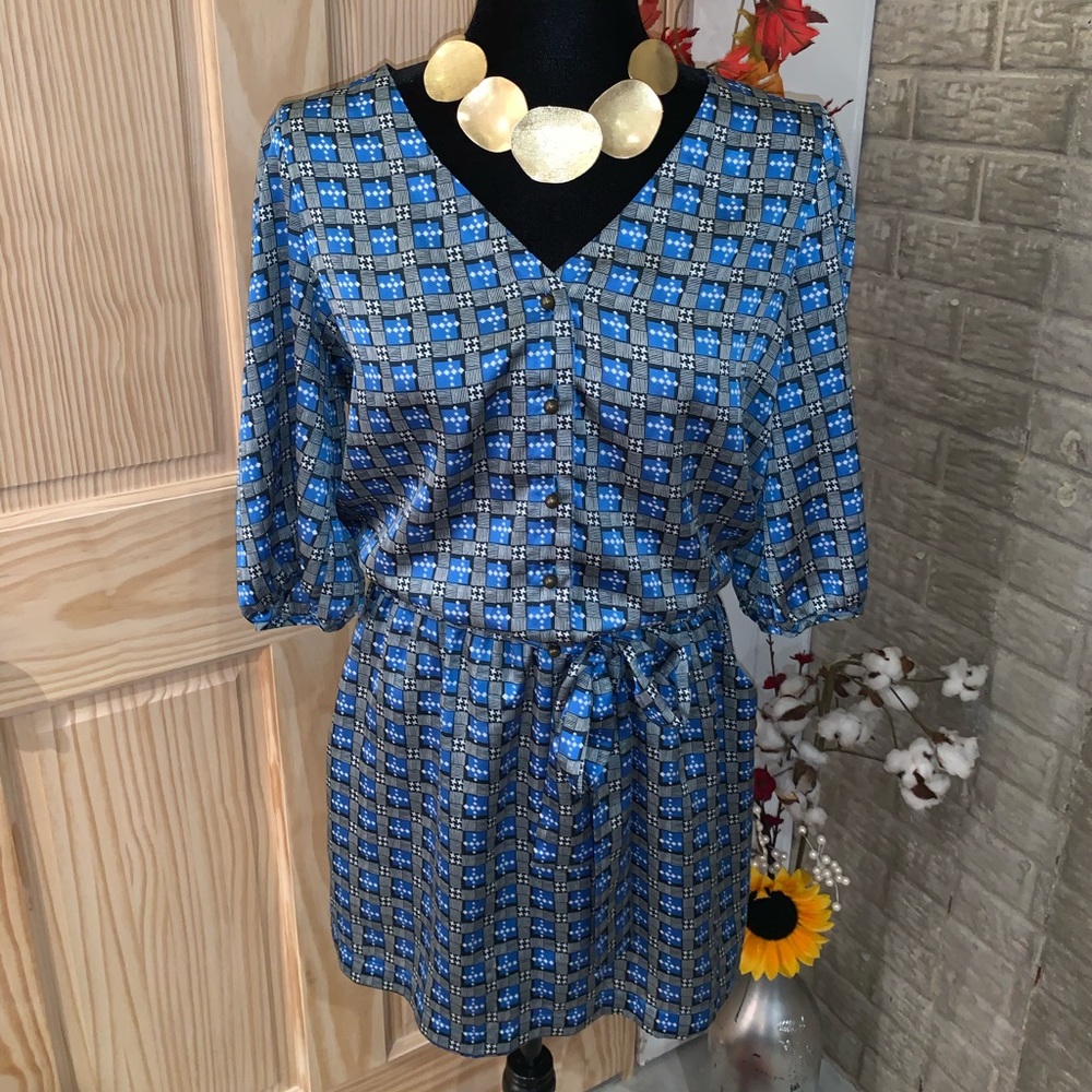 🔵 Vintage Inspired Blue Black Mini-Dress Pockets